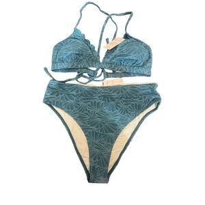 CUPSHE Bikini Set Womens Bathing Suit High Waisted Scalloped V Neck Two Pc Sz L